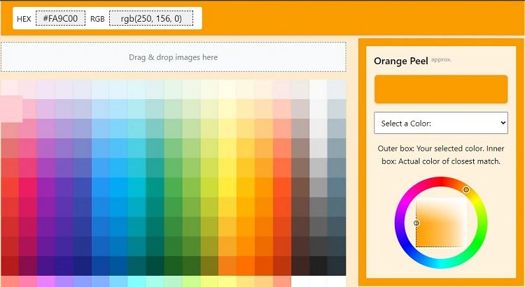 An interactive HTML color code palette offering color picking, image color extraction, and predefined color names. Get HEX and RGB codes instantly with a user-friendly interface.